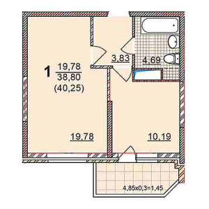 1 комнатная 40.25м²