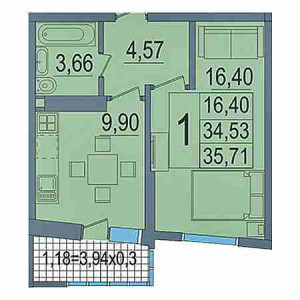 1 комнатная 35.71м²