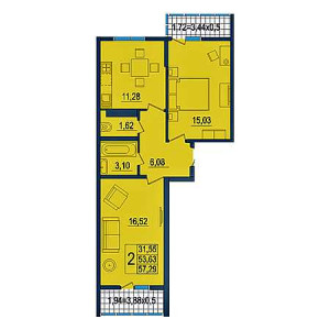 2 комнатная 57.29м²