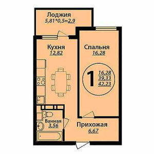 1 комнатная 42.23м²