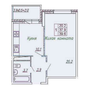 1 комнатная 39.6м²