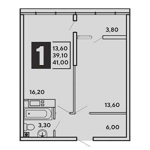 1 комнатная 41м²