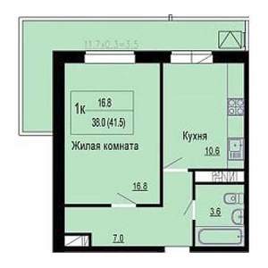 1 комнатная 41.5м²