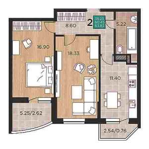 2 комнатная 63.83м²