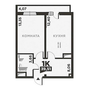 1 комнатная 39.51м²