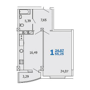 1 комнатная 55.25м²