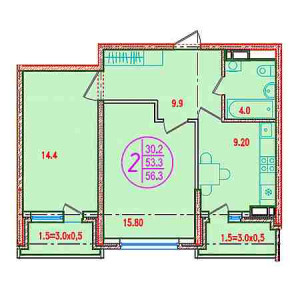 2 комнатная 56.3м²