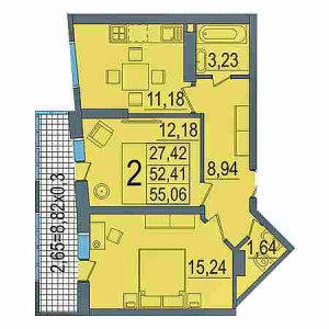 2 комнатная 55.06м²