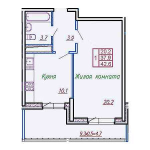 1 комнатная 42.6м²