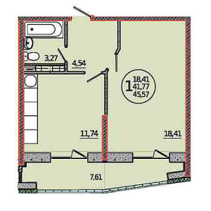 1 комнатная 45.57м²