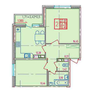 2 комнатная 55.49м²