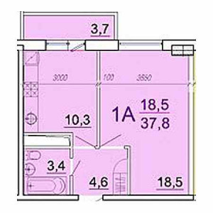 1 комнатная 37.8м²