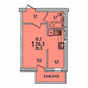 1 комнатная 26.3м²