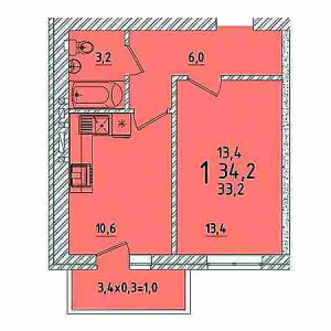 1 комнатная 34.2м²