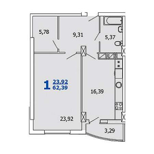 1 комнатная 62.39м²