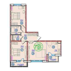 3 комнатная 65.7м²