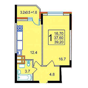 1 комнатная 39.2м²