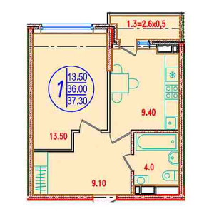 1 комнатная 37.3м²