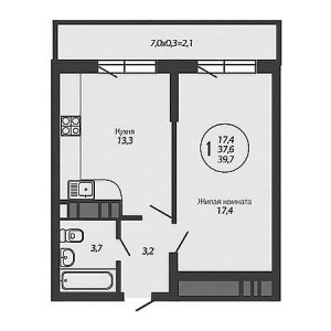 1 комнатная 39.7м²