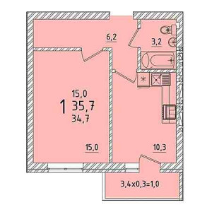 1 комнатная 31.7м²