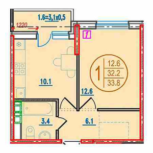 1 комнатная 33.8м²