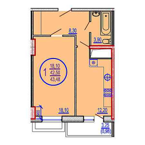 1 комнатная 43.48м²