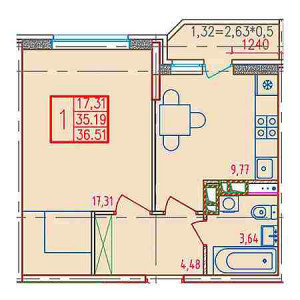 1 комнатная 36.51м²