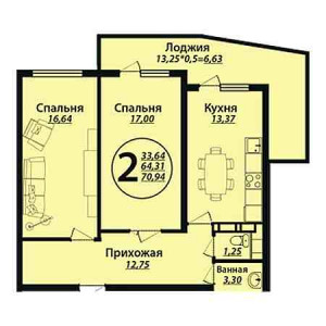 2 комнатная 70.94м²