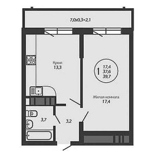 1 комнатная 39.7м²