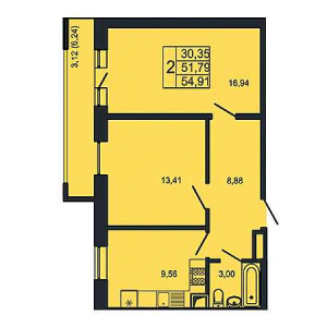 2 комнатная 54.91м²