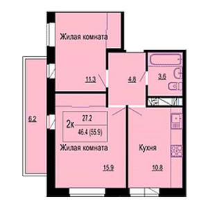 2 комнатная 55.9м²