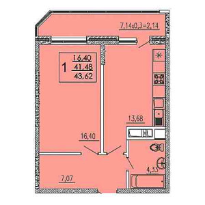 1 комнатная 43.62м²