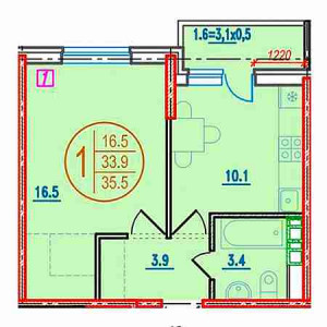 1 комнатная 35.5м²