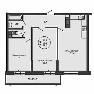 2 комнатная 62.7м²