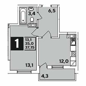 1 комнатная 37.15м²