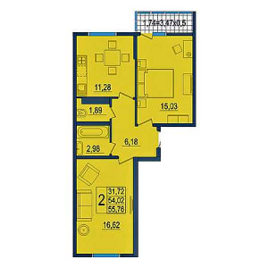 2 комнатная 55.76м²