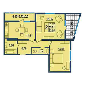 2 комнатная 62.95м²