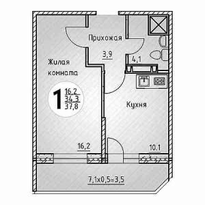 1 комнатная 37.8м²