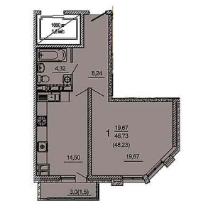 1 комнатная 48.23м²