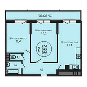 2 комнатная 59.6м²