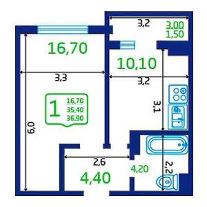 1 комнатная 38.9м²