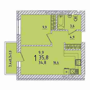 1 комнатная 35.8м²