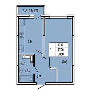 1 комнатная 38.5м²