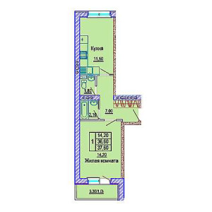 1 комнатная 37.6м²