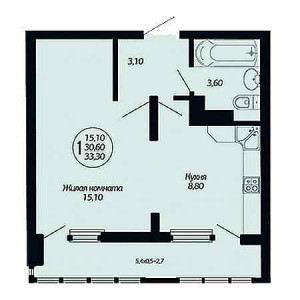 1 комнатная 33.3м²