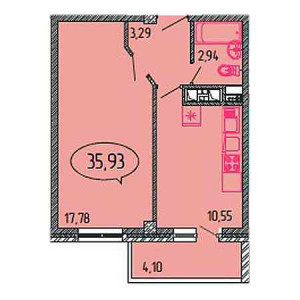 1 комнатная 35.93м²