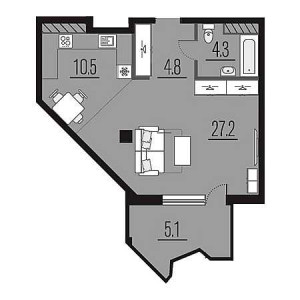 1 комнатная 51.9м²