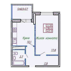 1 комнатная 42.2м²