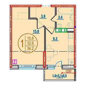 1 комнатная 34.2м²