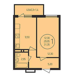 1 комнатная 31.35м²